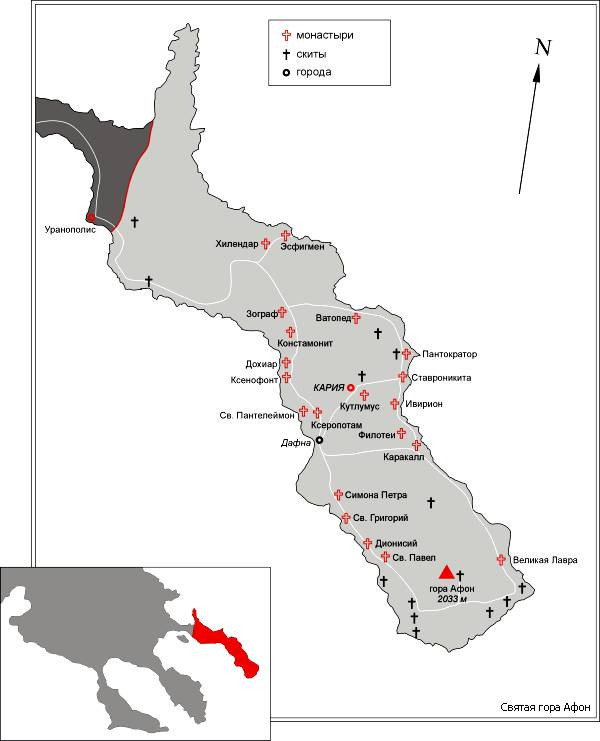 Афон карта монастырей